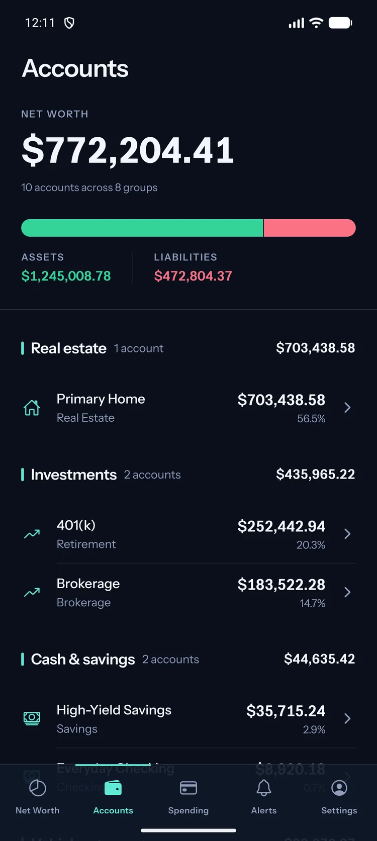 Ovolos mobile app accounts screen: net worth summary with assets and liabilities, grouped account list